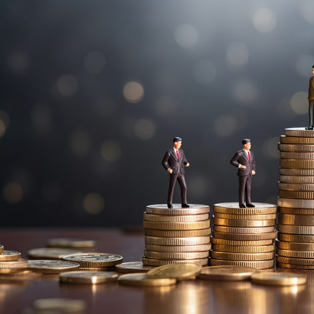 two business men standing in front of stacked coins, in the style of miniature dioramas, metallic textures, thai art, light indigo and dark gray, telephoto lens, photo taken with provia, minimalistic japanese